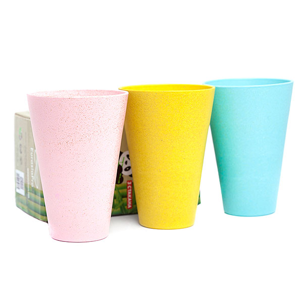 EcoPanda PRO 3 cups, Yellow/Pink/Light Blue / Бамбуковые стаканы ЭкоПанда ПРО, комплект 3 шт., цвет: Желтый, Розовый, Голубой / Посуда из бамбука, экопосуда